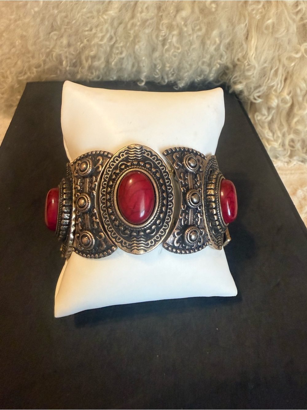 Charming Charlie Antique Silver-Tone Bracelet with Red Stones